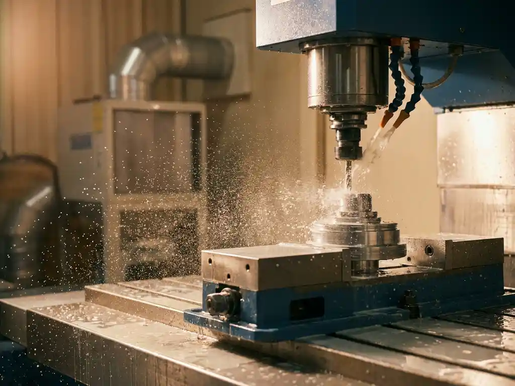 Kühlmittelaerosol steigt von CNC-Bearbeitungszentrum auf, glänzendes Werkstück unter Metallnebel, Industriefilter im Hintergrund.