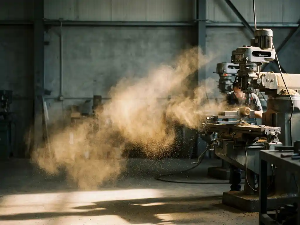 Goldene Kunststoffstaubpartikel schweben in einem Lichtstrahl über einer Fräsmaschine in einer Fabrikhalle mit grauen Betonwänden.