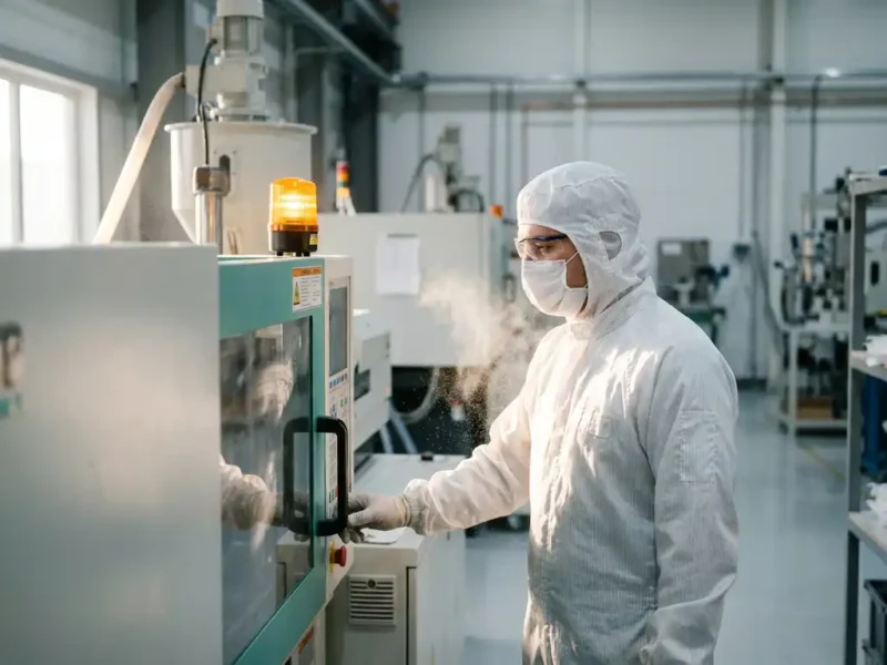 Arbeiter in weißem Reinraumanzug an Spritzgussmaschine, umgeben von feinem weißen Kunststoffstaub in der Fabrikluft.