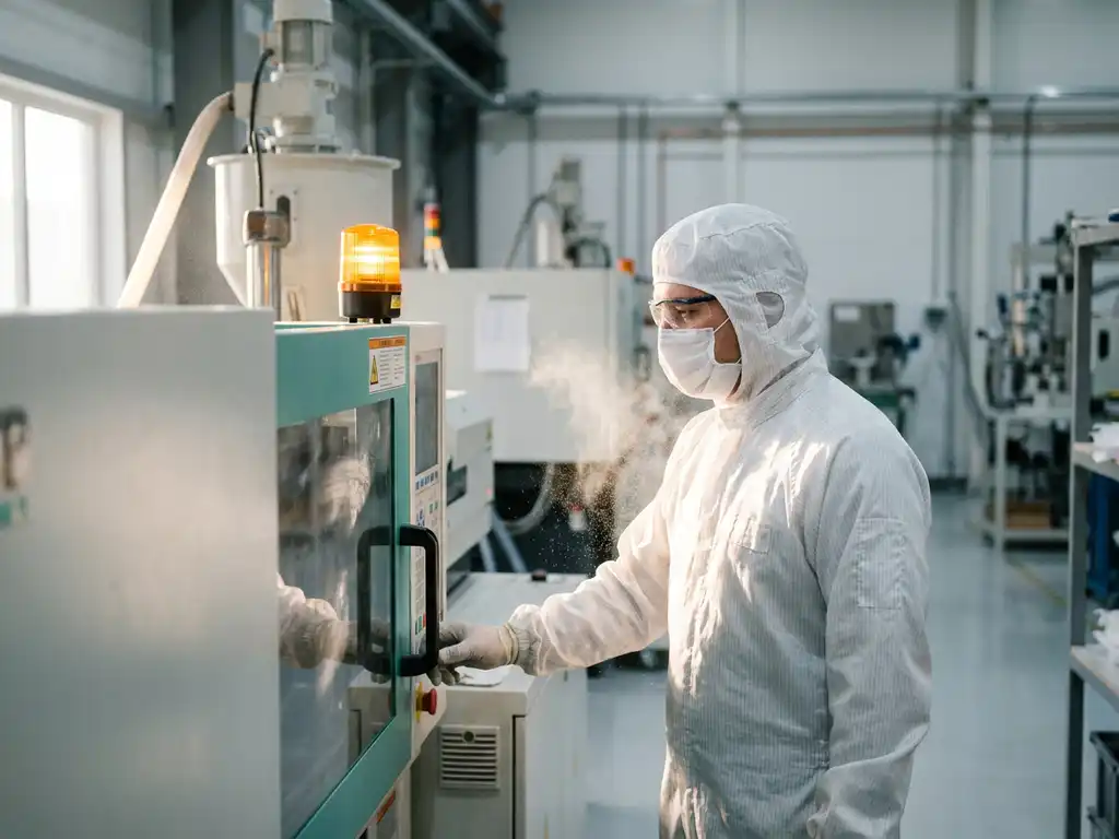 Arbeiter in weißem Reinraumanzug an Spritzgussmaschine, umgeben von feinem weißen Kunststoffstaub in der Fabrikluft.