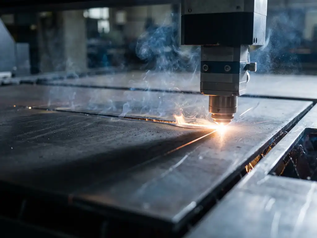Laserschneidkopf durchschneidet Stahlblech, metallische Rauchpartikel steigen über der Schnittlinie auf, orangeweißes Laserlicht.