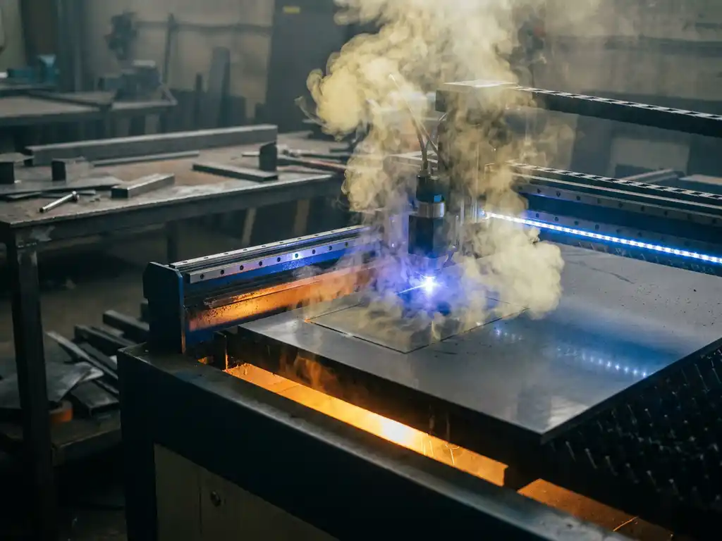 Laserstrahl schneidet dunkles Acrylglas, weißer Rauch steigt aus der Schnittstelle auf, industrielle Werkstattumgebung mit blauem Maschinenlicht.