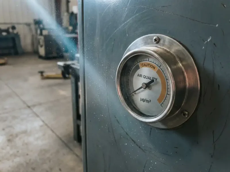 Industrielle Luftqualitätsmessgerät an Stahlpanel mit schwebenden Metallstaubpartikeln im Fabriklichtkegel.