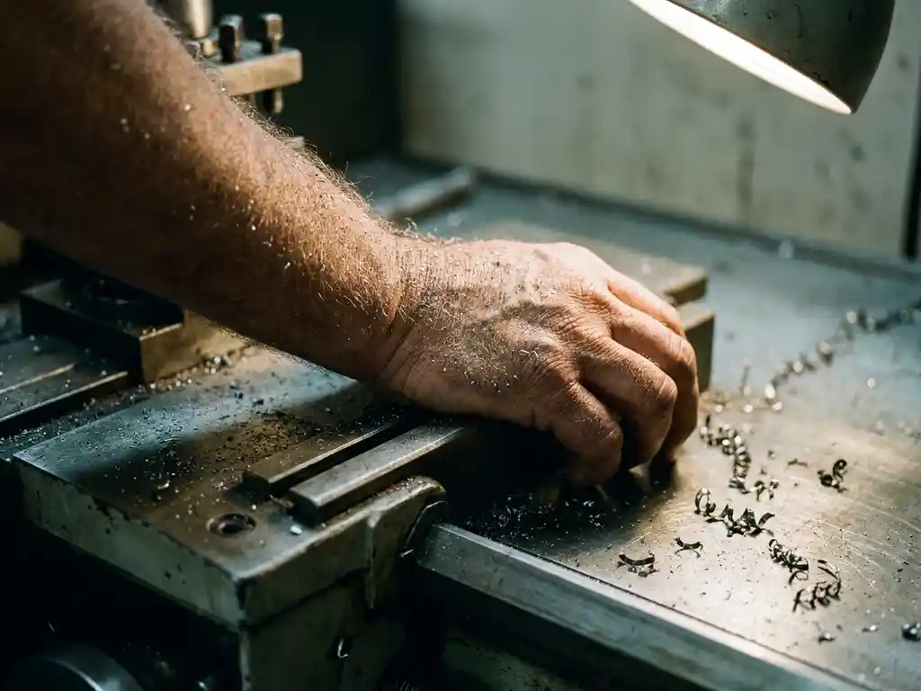 Maschinenarbeiter-Unterarm auf Metalldrehmaschine, feine Metallspäne in Hautporen sichtbar, dramatisches Seitenlicht, Makroaufnahme.