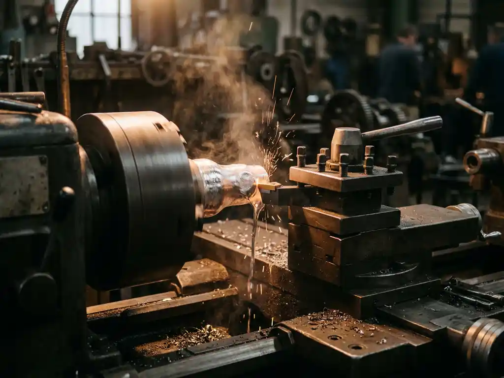 Weichmetall wird auf schwerem Industriedrehbank bearbeitet, feine Metallpartikel und Dunst steigen auf, warme Kupfertöne und Funken.