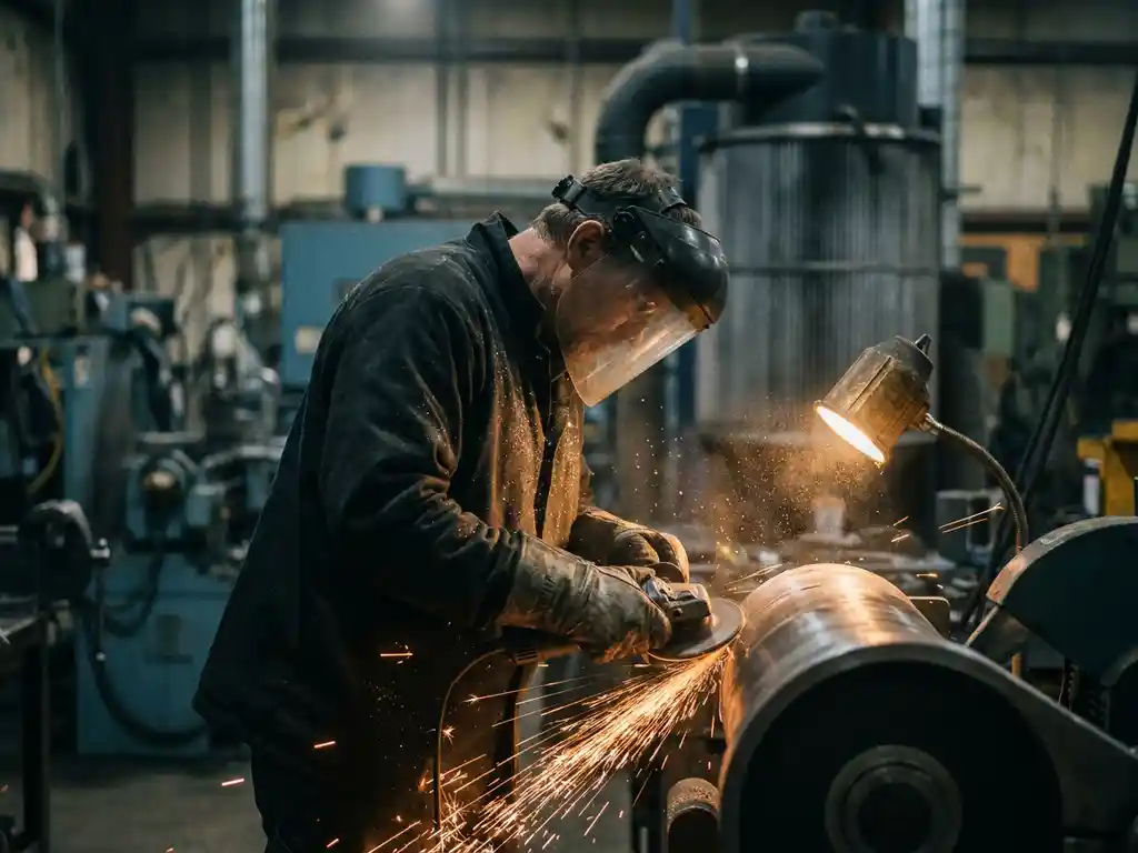 Metallarbeiter schleift Stahl in dunkler Werkstatt, goldene Funken und feine Metallstaubpartikel in der Luft, Filtrationsanlage im Hintergrund.