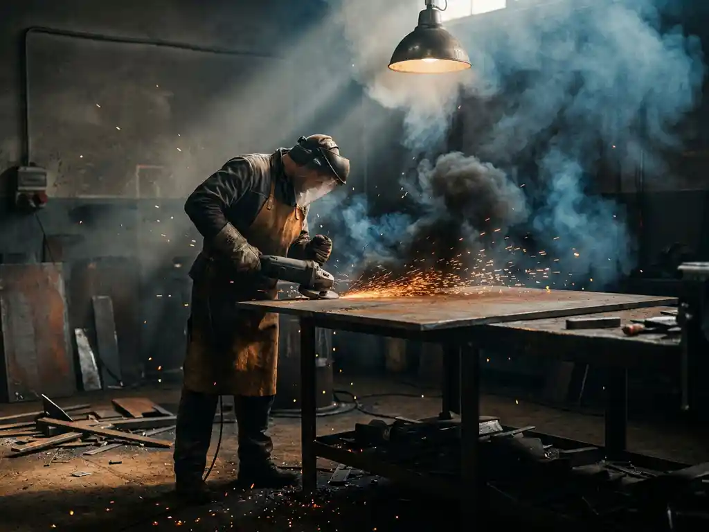 Metallarbeiter schleift Manganstahlplatte auf Werkbank, dunkler Rauch und Funken steigen in düsterer Industriewerkstatt auf.