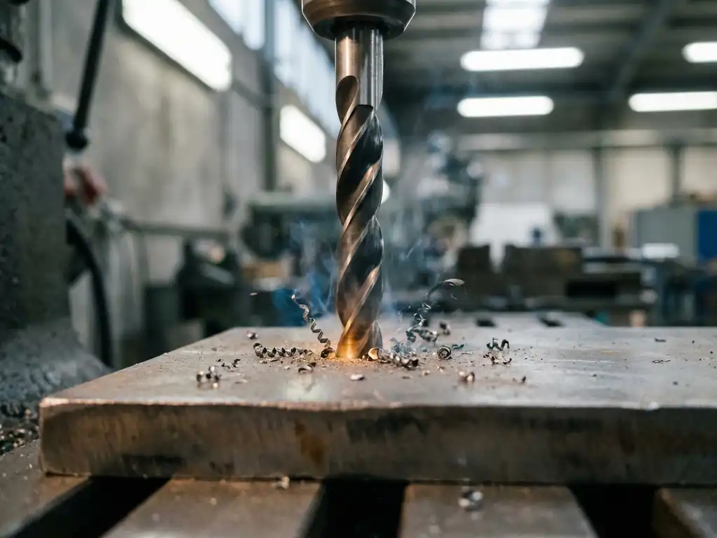 Metallbohrer durchdringt Stahlplatte, feine Späne und Reibungswärme sichtbar, industrielle Werkstattumgebung.