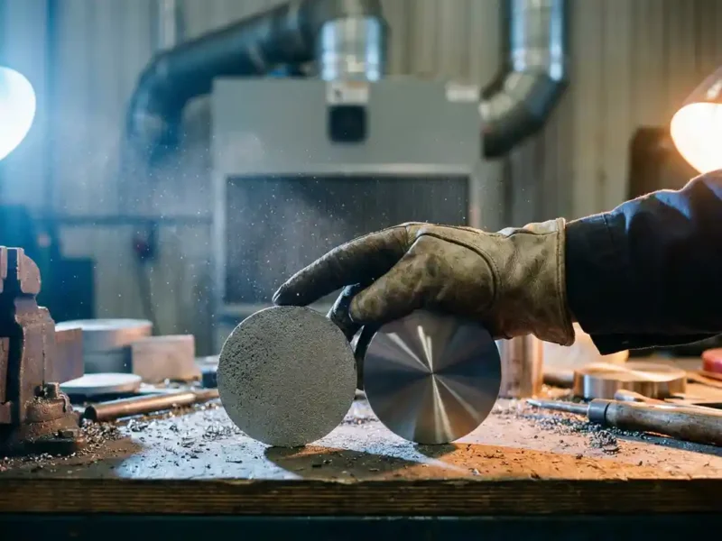 Behandschuhte Mechanikerhand hält zwei frisch geschnittene Metallscheiben – gesintert porös und polierter Stahl – über einer Werkbank mit schwebenden Metallpartikeln.