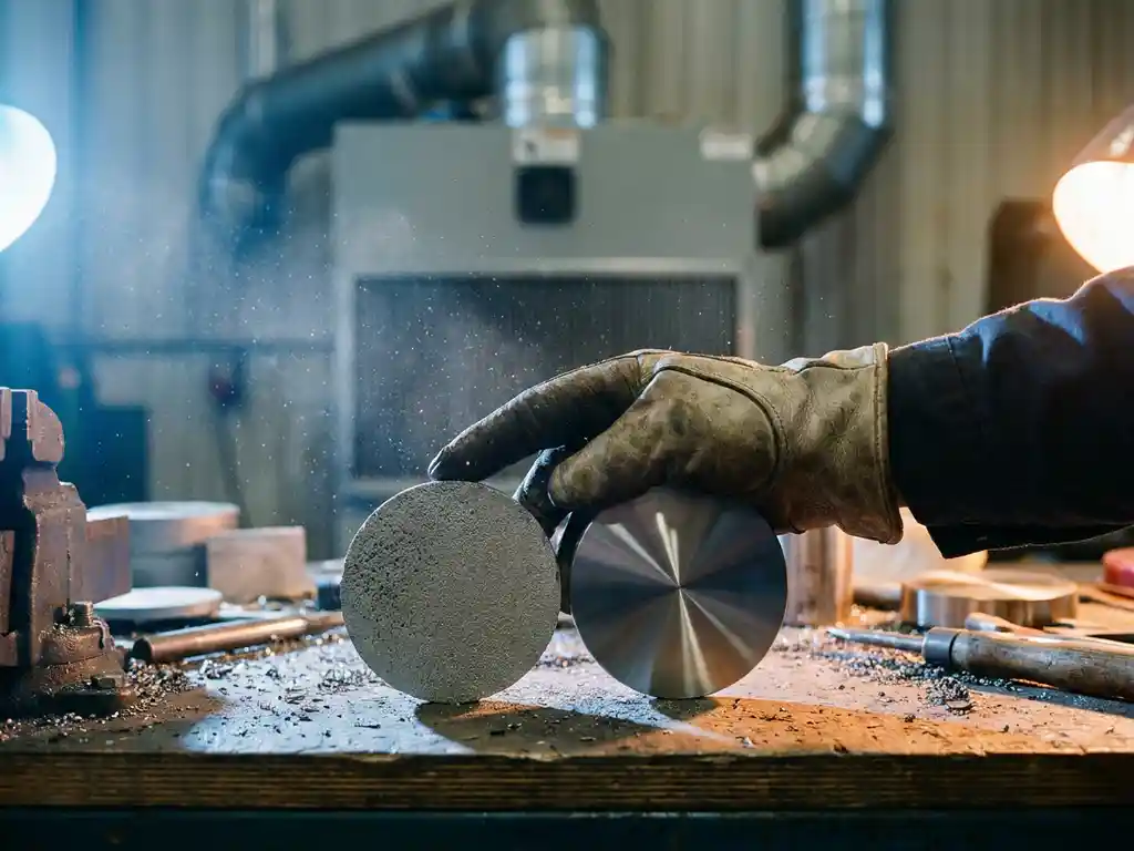 Behandschuhte Mechanikerhand hält zwei frisch geschnittene Metallscheiben – gesintert porös und polierter Stahl – über einer Werkbank mit schwebenden Metallpartikeln.