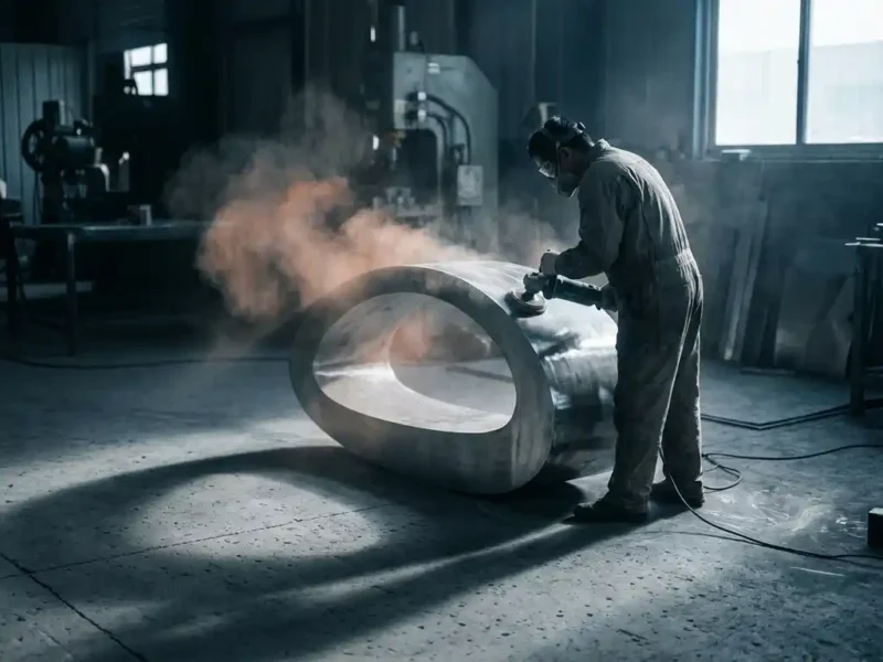 Arbeiter poliert große Edelstahloberfläche in Industriewerkstatt, metallischer Feinstaub in der Luft, dramatisches Seitenlicht.