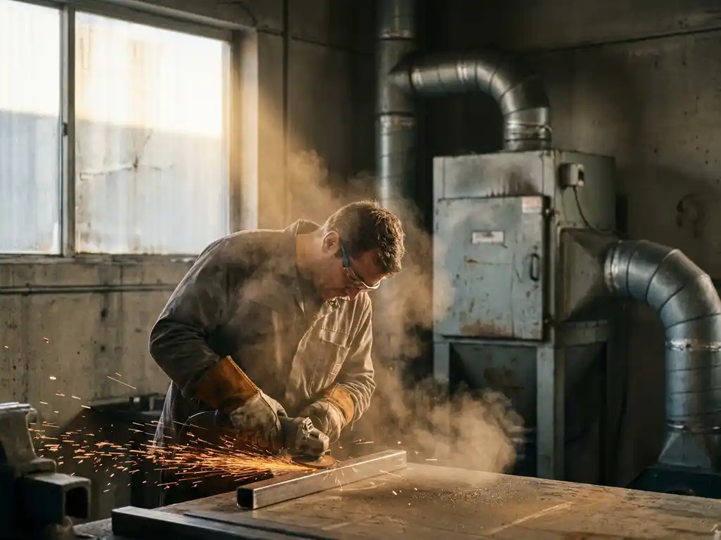 Metallarbeiter schleift Stahl an Werkbank, orangefarbene Funken und Metallstaub in der Luft, Industriefilteranlage im Hintergrund.