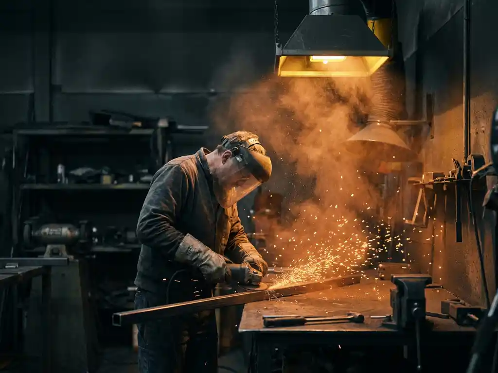 Metallarbeiter schleift Stahl an einer Werkbank, Funken und metallischer Staub leuchten in warmen Bernstein- und Orangetönen vor dunklem Industriehintergrund.