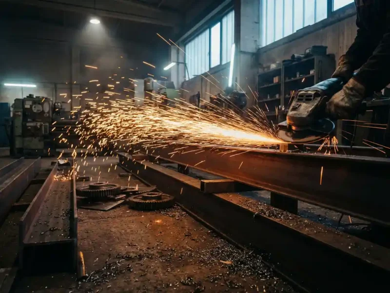 Metallschleifer erzeugt einen Funkenregen in einer dunklen Industriewerkstatt, Stahlwerkstücke und Metallspäne im Vordergrund.