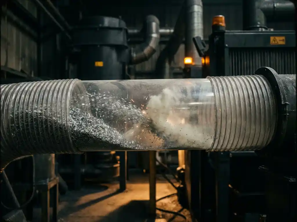 Metallspäne und Kunststoffstaub strömen in einem transparenten Industrieabsaugschlauch zusammen, Reibungsfunken glühen am Treffpunkt.
