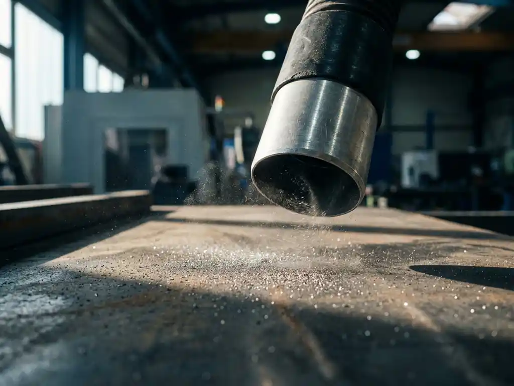 Metallstaub auf dunkler Stahloberfläche mit industrieller Absaugdüse, dramatisches Seitenlicht und flache Tiefenschärfe.