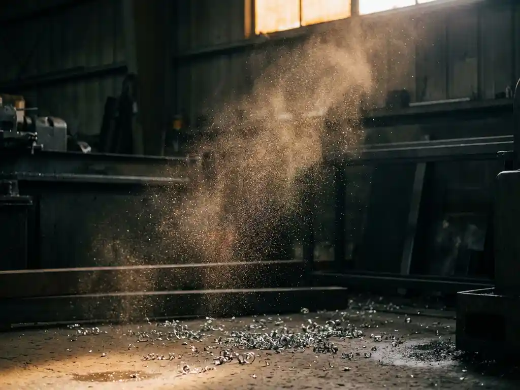 Metallstaub schwebt in einem Lichtstrahl über einem dunklen Industrieboden, verstreute Aluminiumspäne im Vordergrund.