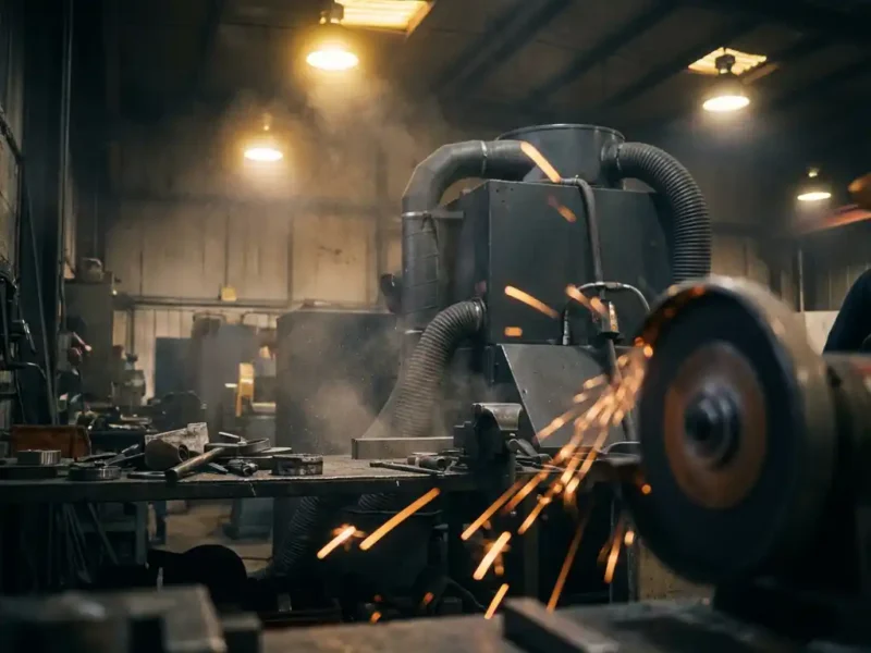 Metallstaub schwebt über einem Schleifarbeitsplatz, beleuchtet von industriellem Deckenlicht, mit Funken und Absauganlage im Hintergrund.
