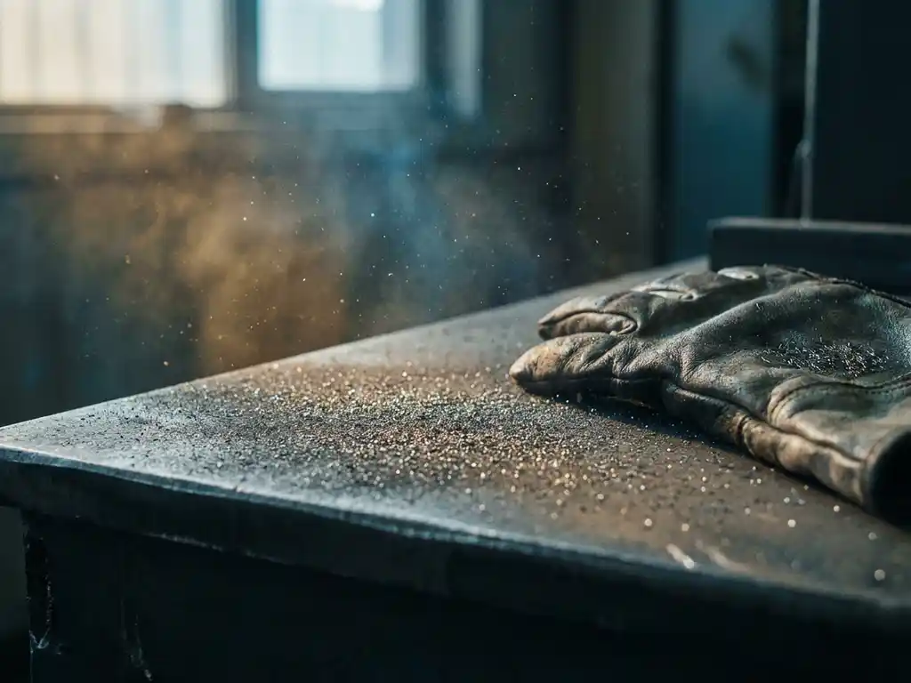 Feine Metallstaubpartikel auf dunkler Stahloberfläche mit schwerem Schutzhandschuh, Staubwolke im Fabriklicht.