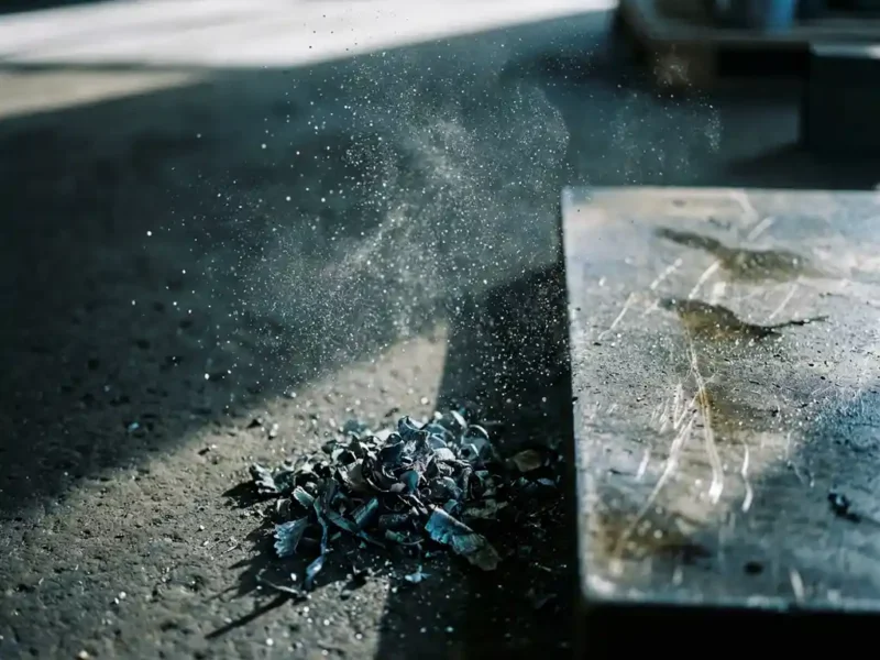 Feine Metallstaubpartikel schweben über einem Stahlwerkstisch mit silbergrauen Metallspänen auf dunklem Industriebeton.