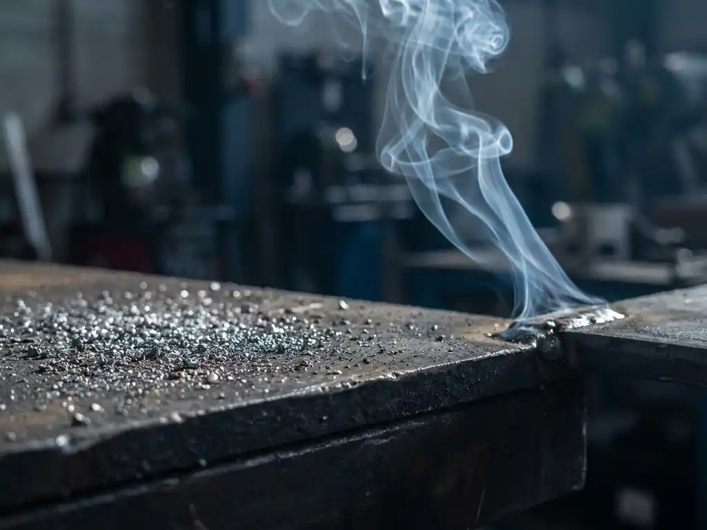 Grober Metallstaub auf dunkler Stahloberfläche neben aufsteigendem Schweißrauch an einer frischen Schweißnaht in industrieller Umgebung.
