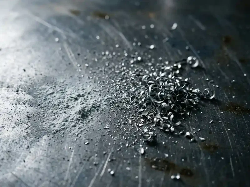 Feine Metallspäne und silbergraue Staubpartikel auf dunkler Stahloberfläche mit dramatischem Seitenlicht und Makroaufnahme.