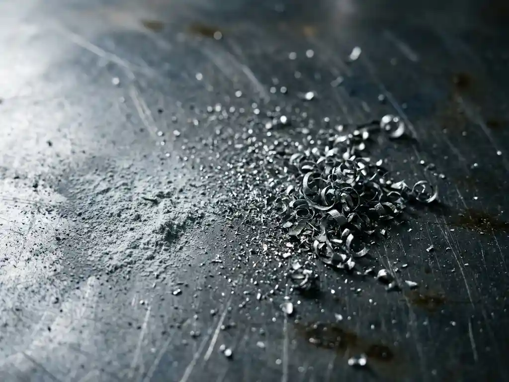 Feine Metallspäne und silbergraue Staubpartikel auf dunkler Stahloberfläche mit dramatischem Seitenlicht und Makroaufnahme.