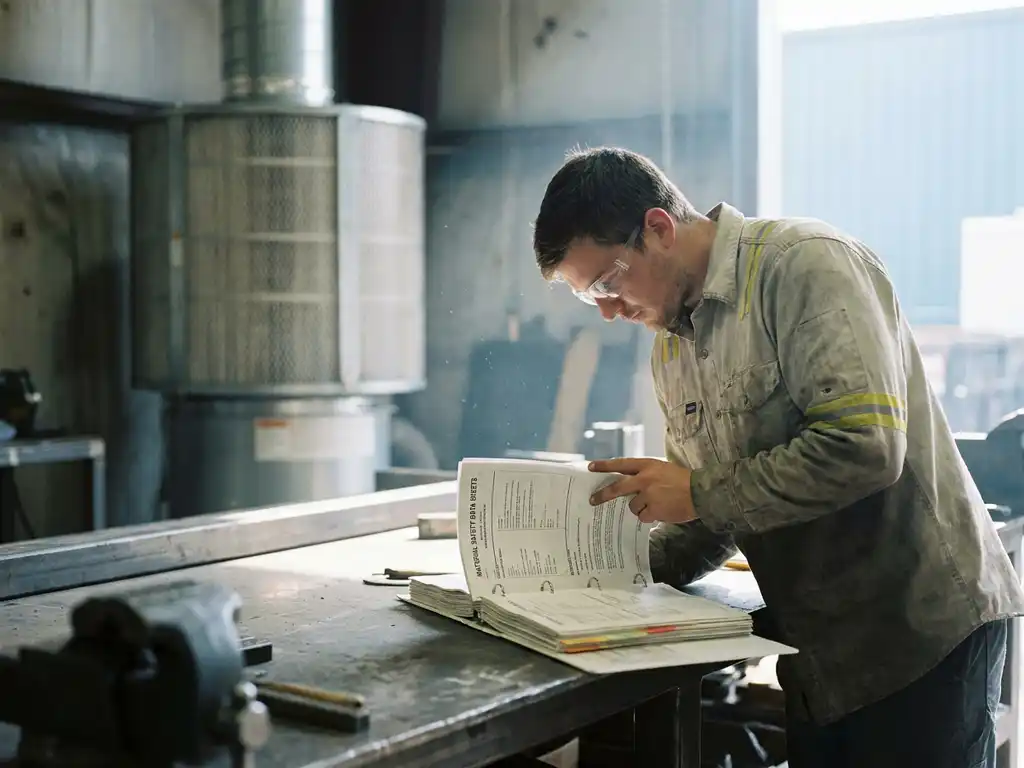 Techniker in Metallwerkstatt prüft Sicherheitsdatenblätter in Ordner, Luftfilteranlage und Metallstaub im Hintergrund sichtbar.