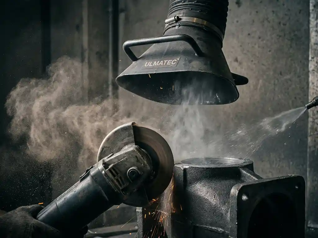 Industrieschleifer an Metallwerkstück mit trockenem Schleifstaub und Nassschleif-Schlamm, ULMATEC-Absaughaube erfasst beide Emissionen.