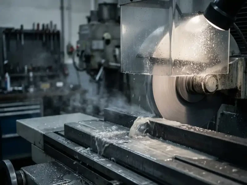 Metallwerkstück beim Nassschleifen auf Industrieschleifmaschine, Kühlwasser und Schleifschlamm strömen über die Oberfläche.