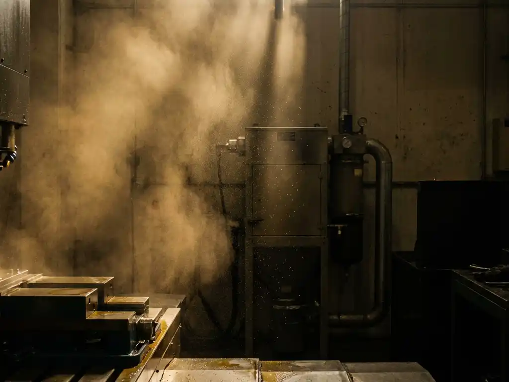 Goldener Ölnebel schwebt in einer schwach beleuchteten CNC-Bearbeitungshalle, beleuchtet von einem Industriestrahl, Filtrationsanlage im Hintergrund.