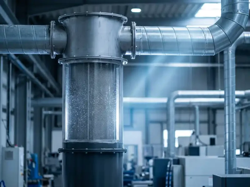 Industrielles Ölnebelfiltergehäuse mit Metallkanälen und feinem Filtergewebe, das Öltröpfchen im Fabrikhallenlicht einfängt.