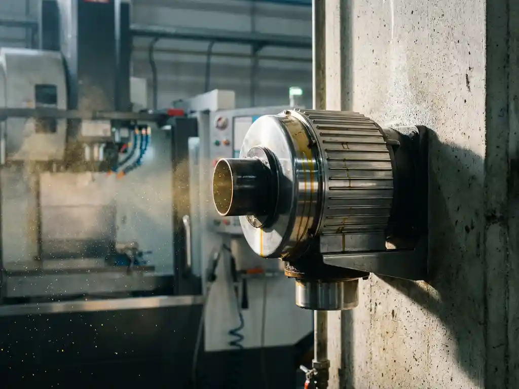 Industrieller Ölnebelabscheider an Fabrikwand montiert, feine Öltröpfchen in der Luft, CNC-Maschine im Hintergrund.