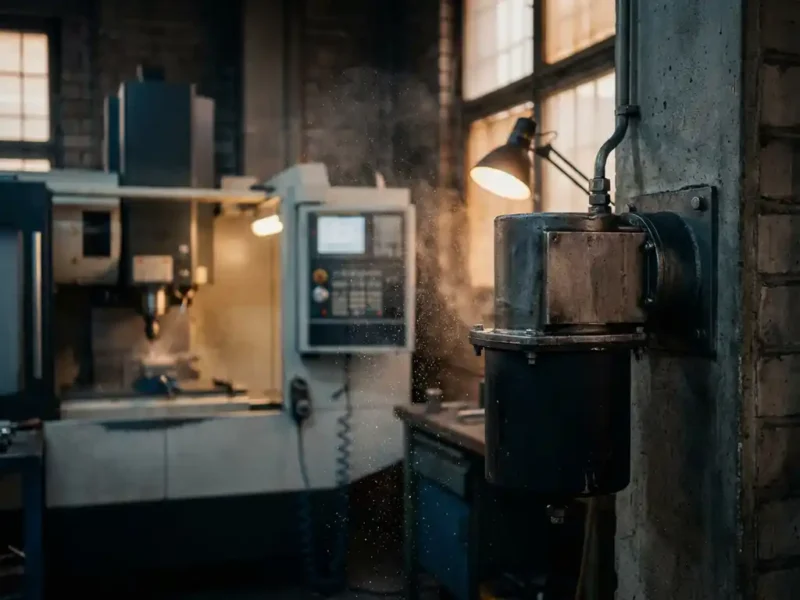 Industrieller Ölnebelabscheider an Fabrikwand montiert, feine Metalltröpfchen in der Luft, CNC-Maschine im Hintergrund.