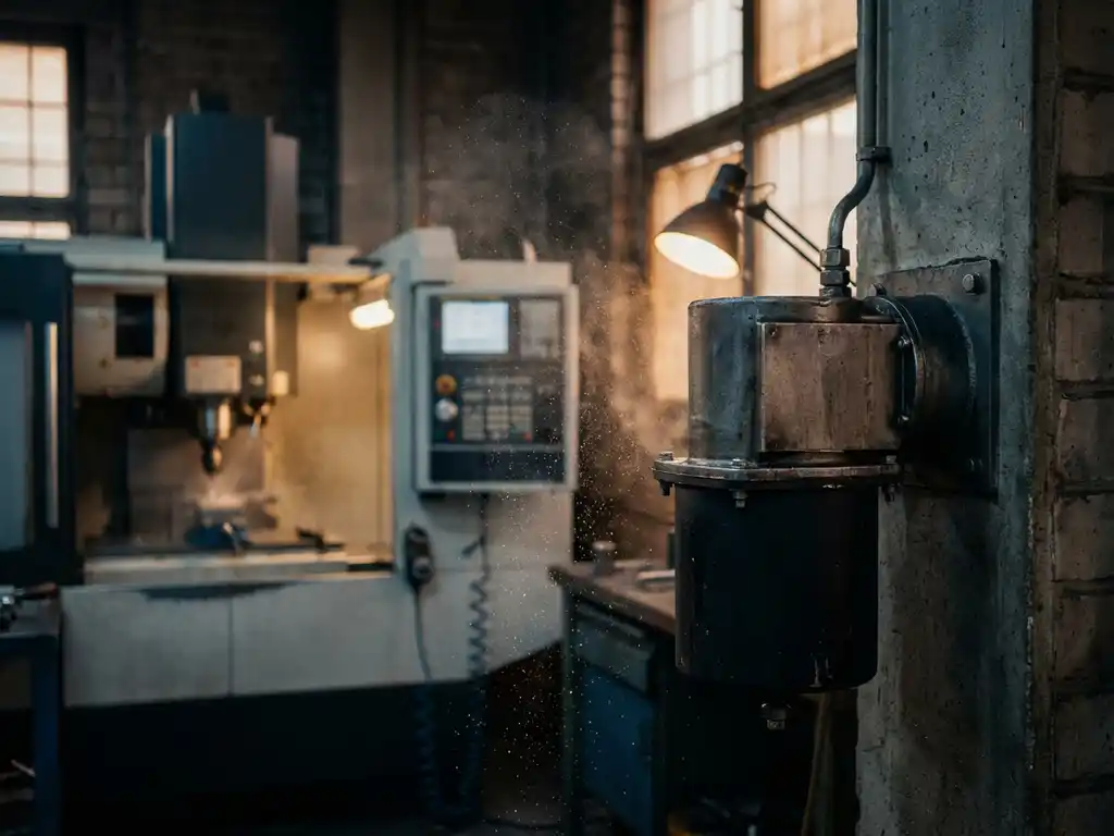 Industrieller Ölnebelabscheider an Fabrikwand montiert, feine Metalltröpfchen in der Luft, CNC-Maschine im Hintergrund.