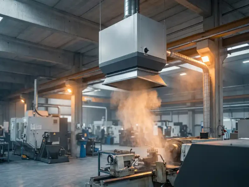 Industrielle Absauganlage an Fabrikdecke saugt Ölnebel von Metallbearbeitungsmaschine ab, feine Partikel im Gegenlicht sichtbar.
