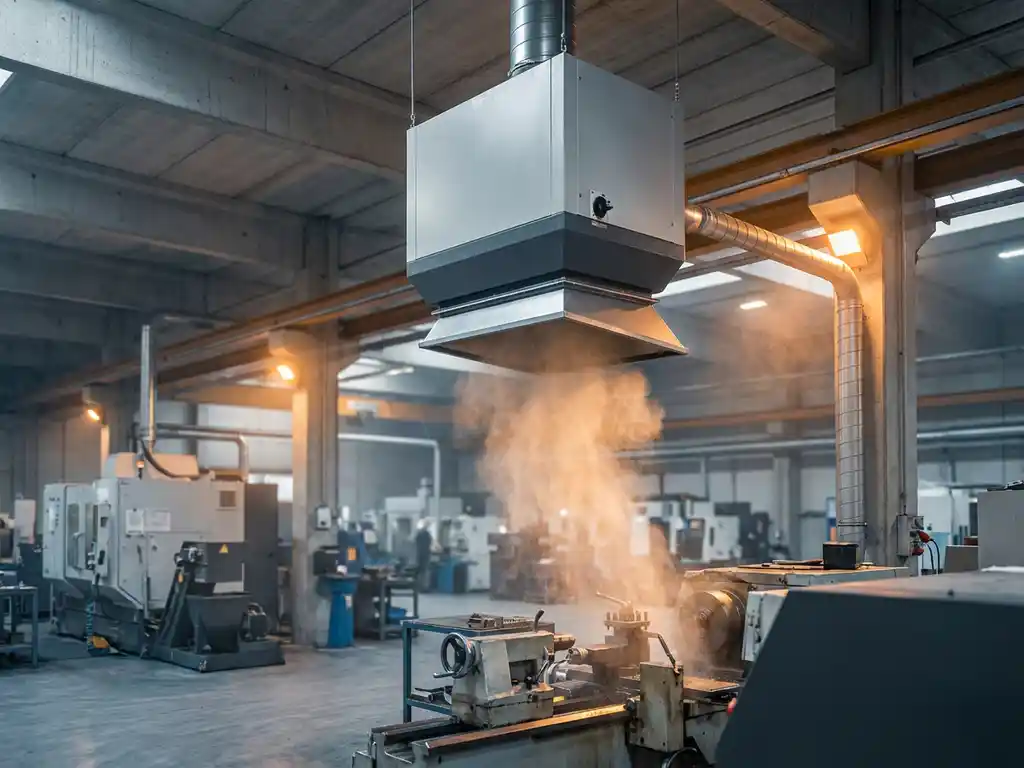 Industrielle Absauganlage an Fabrikdecke saugt Ölnebel von Metallbearbeitungsmaschine ab, feine Partikel im Gegenlicht sichtbar.