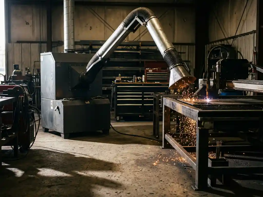Industrielle Absauganlage neben einem Plasmaschneidtisch mit aufsteigenden Metallfunken in einer Stahlwerkstatt.