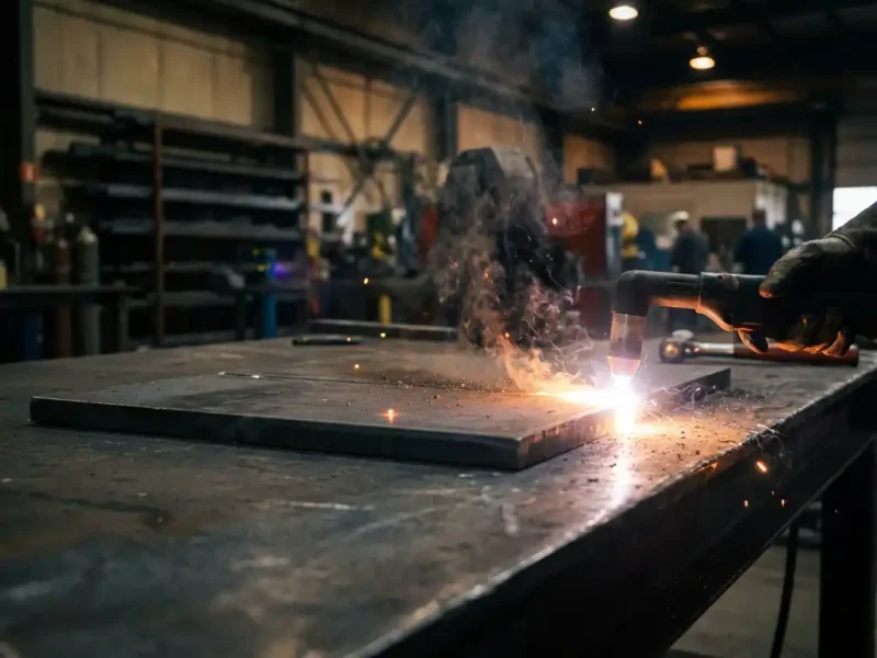 Plasmabrenner schneidet durch dicke Stahlplatte, intensiver weiß-oranger Lichtbogen mit aufsteigendem Metallrauch in Industriewerkstatt.