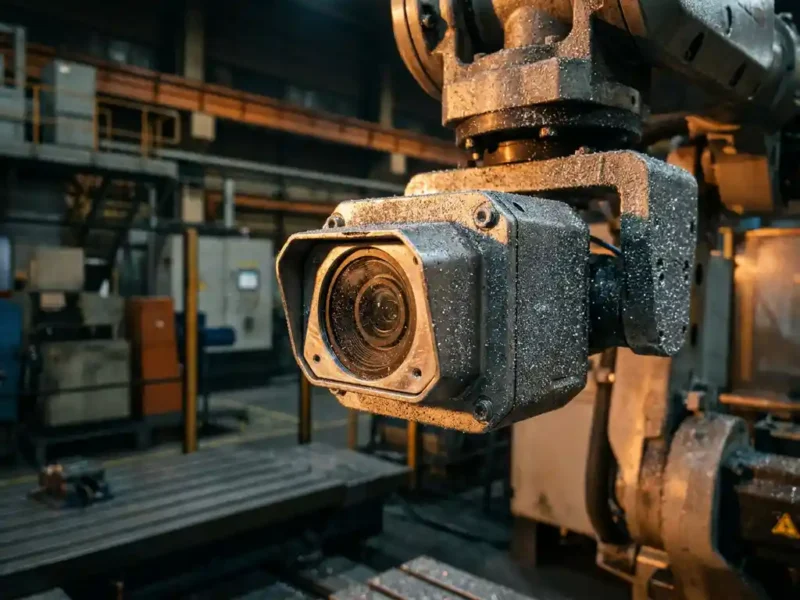 Präzisionssensor an CNC-Maschinenarm mit feinem Metallstaub bedeckt, dramatisches Seitenlicht, unscharfer Fabrikhintergrund.