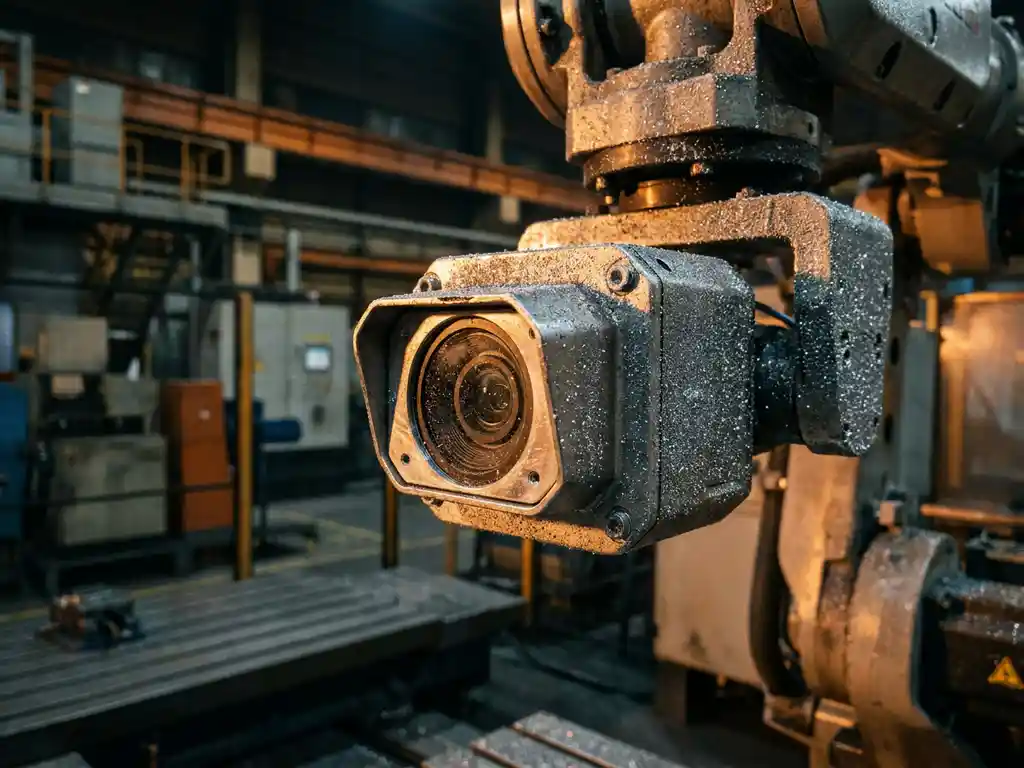 Präzisionssensor an CNC-Maschinenarm mit feinem Metallstaub bedeckt, dramatisches Seitenlicht, unscharfer Fabrikhintergrund.