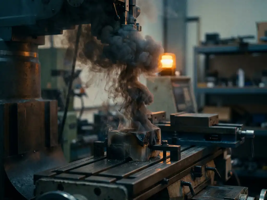Dunkle Pyrolyseschwaden steigen von einem erhitzten Kunststoffwerkstück auf einer CNC-Maschine in einer Fabrikhalle auf.