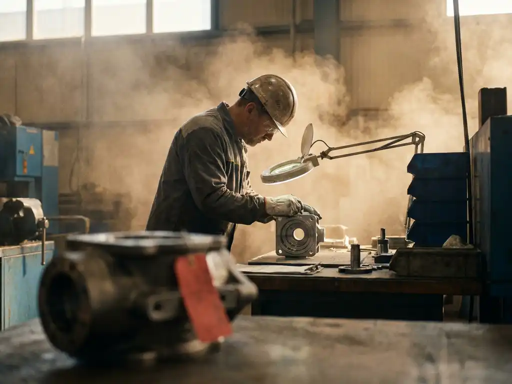 Qualitätsprüfer untersucht Metallbauteil auf Industrietisch, umgeben von Schwebepartikeln und dramatischem Seitenlicht.