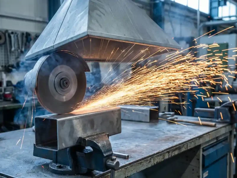 Edelstahl-Werkstück beim Schleifen mit Funkenflug und Absaughaube zur Metallstaub-Absaugung in industrieller Umgebung.