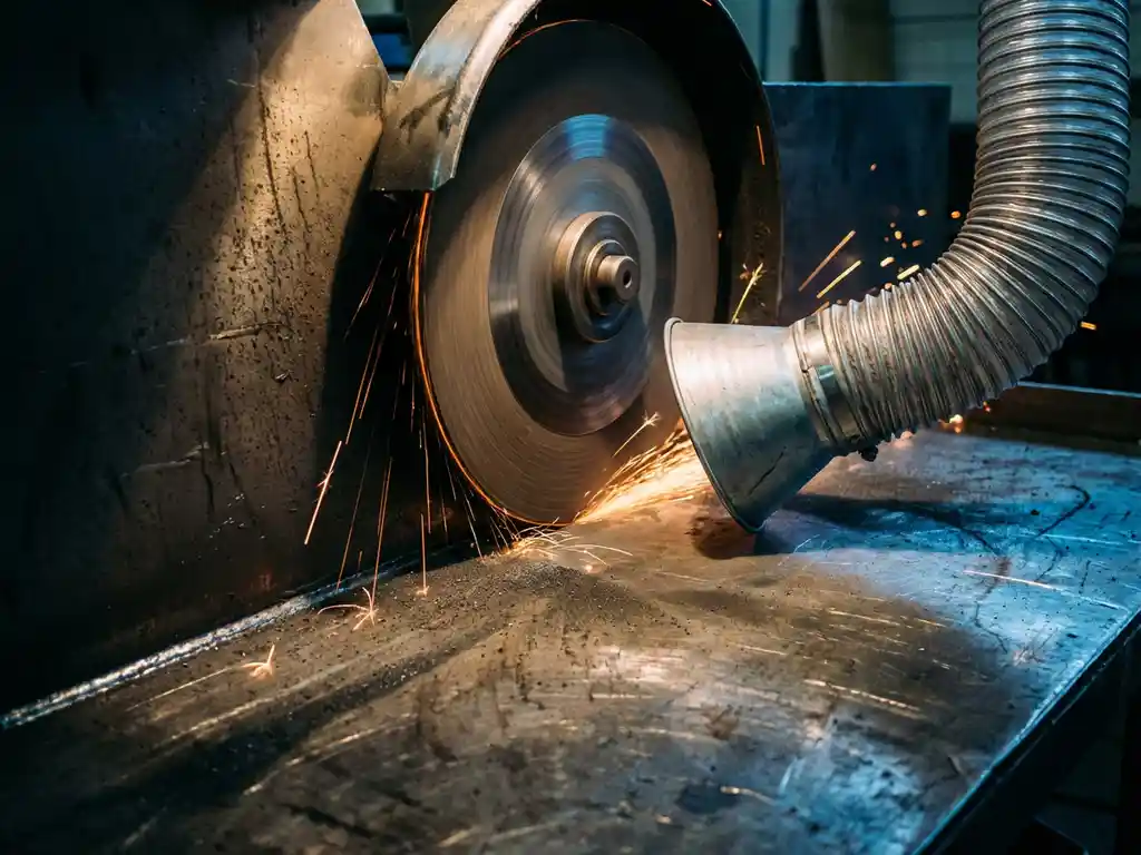 Industrielle Schleifscheibe wirft orangefarbene Funken auf dunklem Stahlboden, mit Absaugschlauch und feinem Metallstaub in der Luft.
