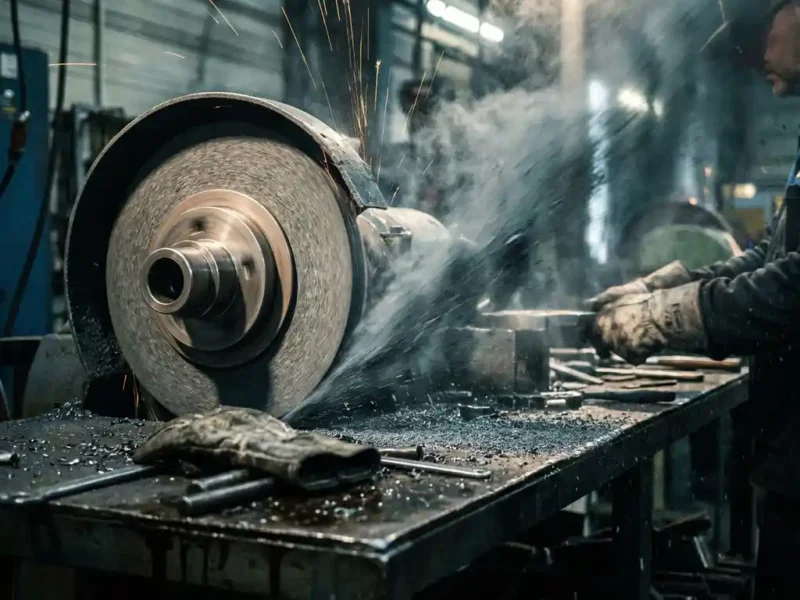 Industrielle Schleifscheibe wirft Metallstaubwolke über Stahlwerkbank, Metallspäne glitzern im dramatischen Werkstattlicht.