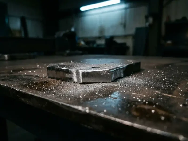Metallwerkstück mit frischen Schleifspuren auf dunkler Stahloberfläche, umgeben von feinem Schleifstaub im Makro-Nahaufnahme.