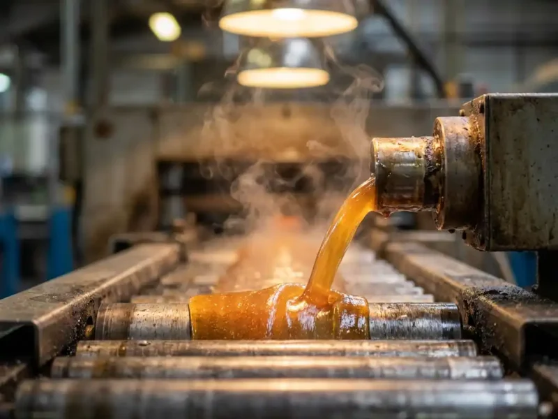 Geschmolzenes Kunstharz auf industrieller Produktionslinie mit aufsteigenden Thermaldämpfen, warme Bernstein- und Stahltöne.