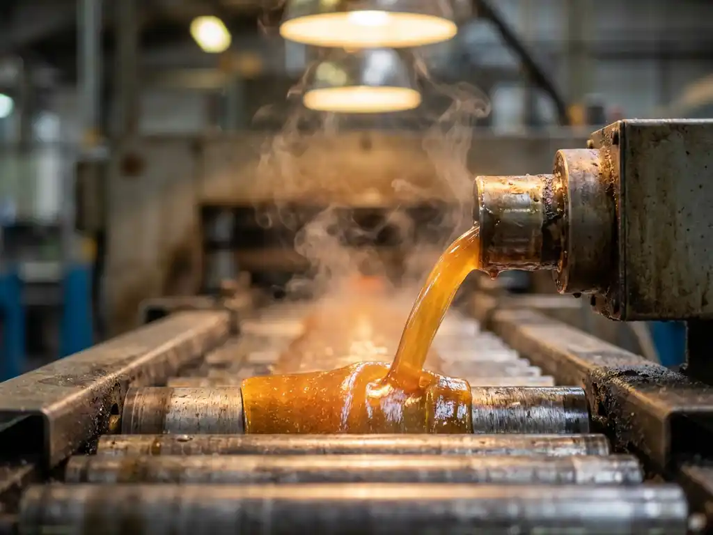 Geschmolzenes Kunstharz auf industrieller Produktionslinie mit aufsteigenden Thermaldämpfen, warme Bernstein- und Stahltöne.