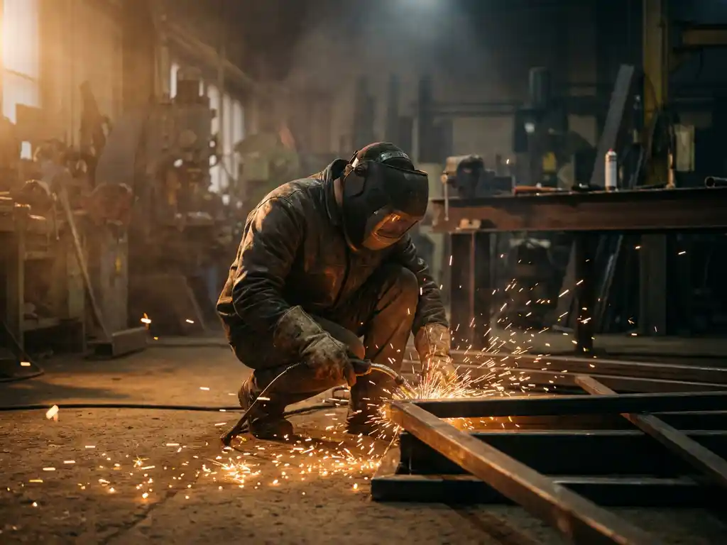 Schweißer in Schutzausrüstung und dunklem Helm kauert über Werkstück, goldene Funken sprühen in dunkler Industriehalle.